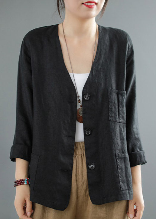 Modern Black V Neck Button Pockets Linen Shirts Long Sleeve