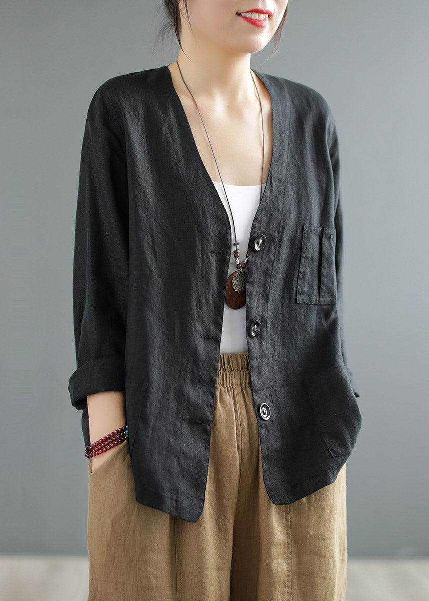 Modern Black V Neck Button Pockets Linen Shirts Long Sleeve