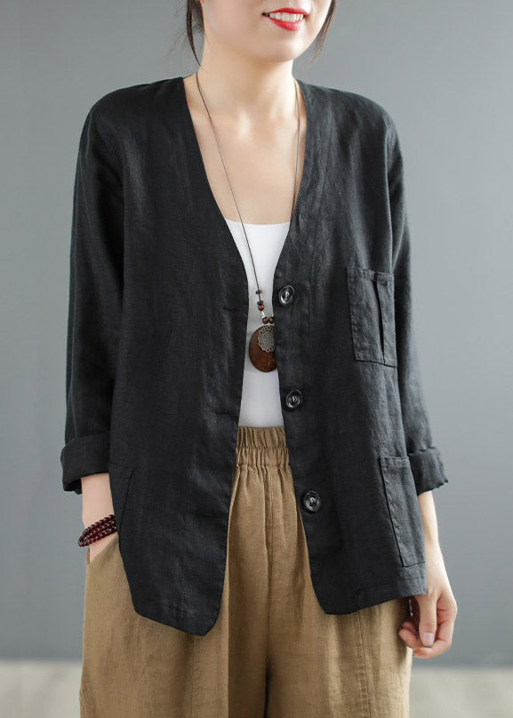 Modern Black V Neck Button Pockets Linen Shirts Long Sleeve