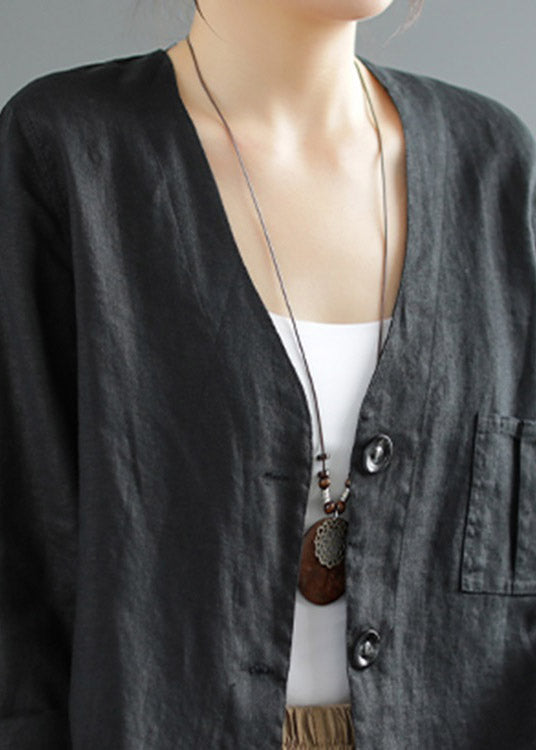 Modern Black V Neck Button Pockets Linen Shirts Long Sleeve