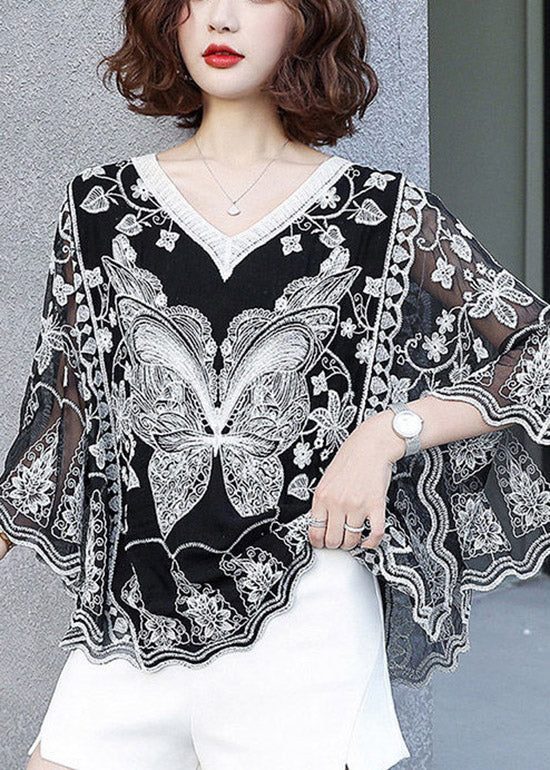 Modern Black V Neck Print Lace Top Batwing Sleeve