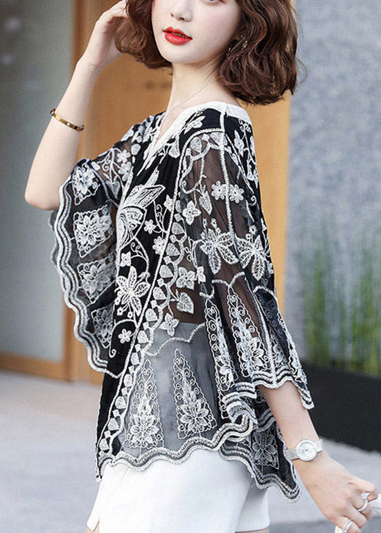 Modern Black V Neck Print Lace Top Batwing Sleeve