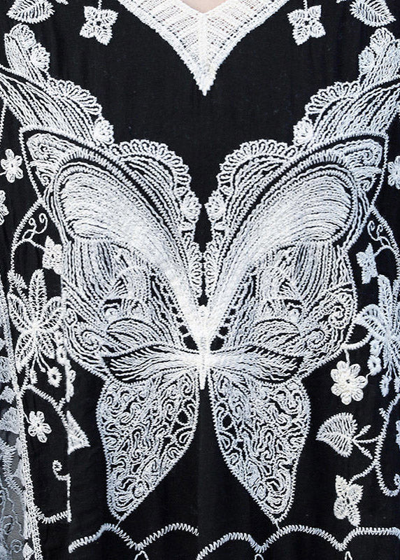 Modern Black V Neck Print Lace Top Batwing Sleeve