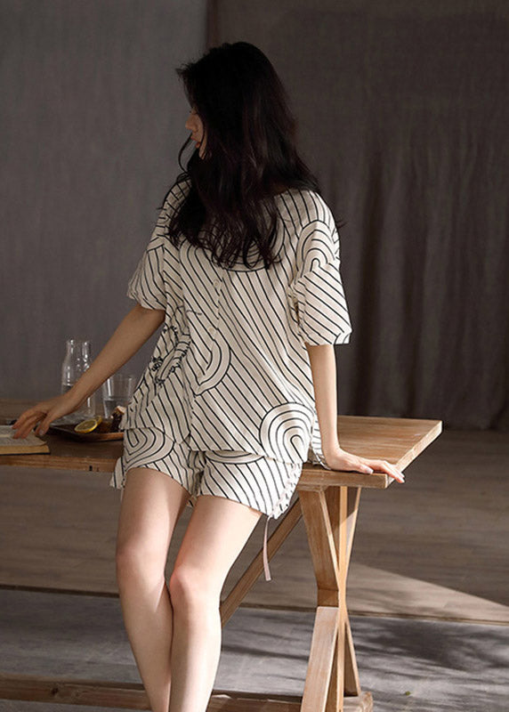 Modern Black White Striped V Neck Low High Design Cotton Pajamas Two Pieces Set Summer