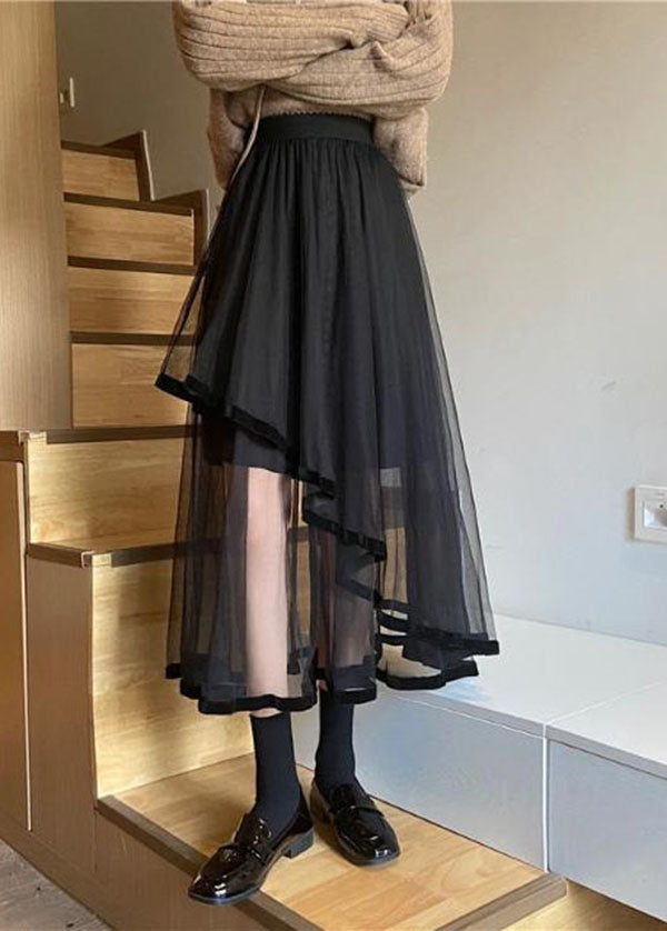 Modern Black Wrinkled Asymmetrical Patchwork Tulle Skirts Spring