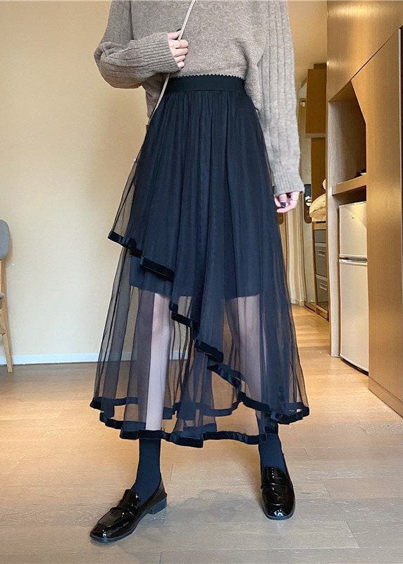 Modern Black Wrinkled Asymmetrical Patchwork Tulle Skirts Spring