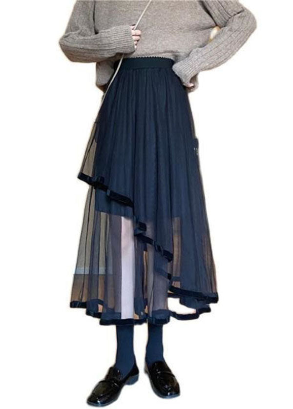 Modern Black Wrinkled Asymmetrical Patchwork Tulle Skirts Spring