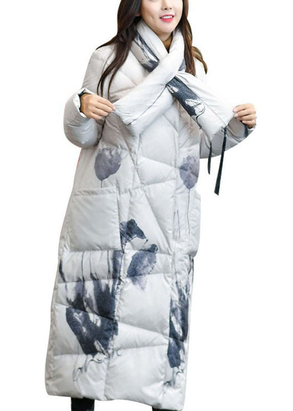 Modern Black Retro Print Pockets Winter Warm Down Coat