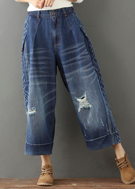 Modern Blue Elastic Waist Oversized Cotton Wide Leg Pants Ripped Jeans Spring