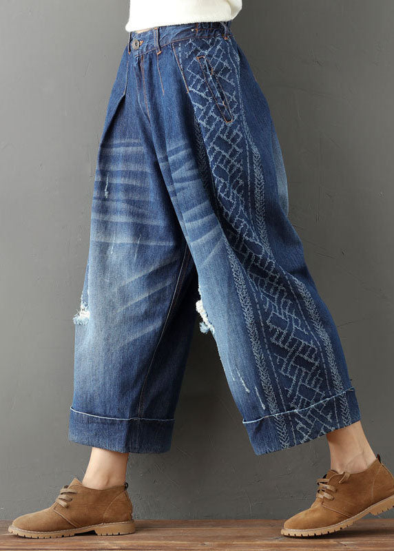 Modern Blue Elastic Waist Oversized Cotton Wide Leg Pants Ripped Jeans Spring