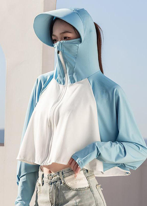 Modern Blue Hooded Zippered Patchwork Ice Silk UPF 50+ Coat Summer