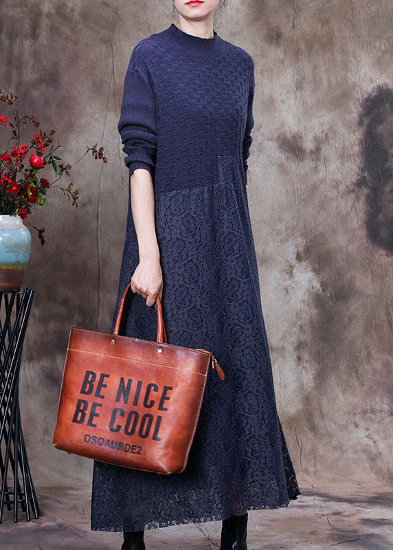 Modern Blue Knit Patchwork Lace Vacation Dresses Spring