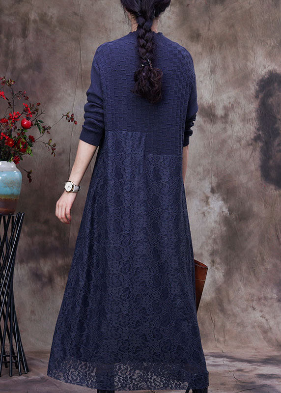 Modern Blue Knit Patchwork Lace Vacation Dresses Spring