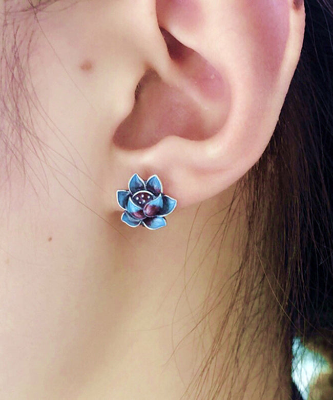 Modern Blue Lotus Sterling Silver Cloisonne Stud Earrings