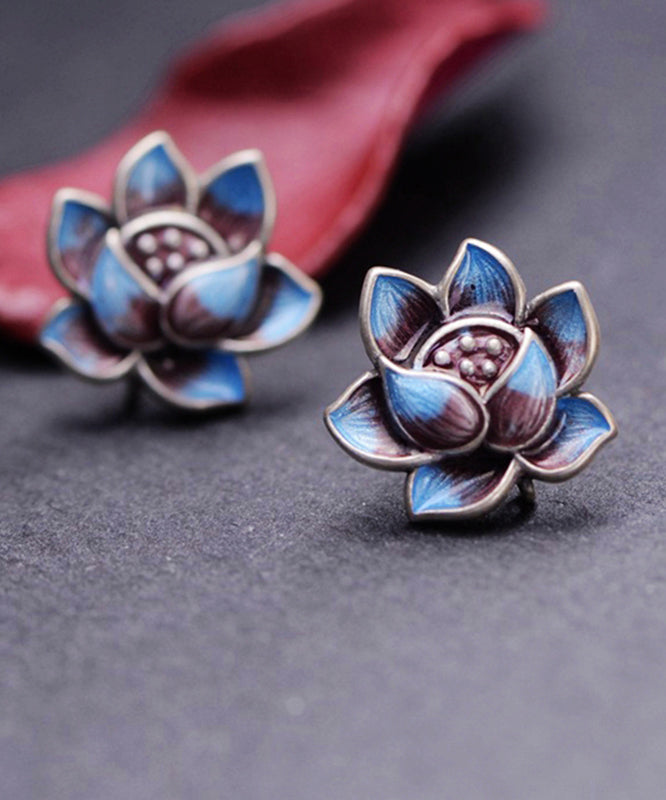 Modern Blue Lotus Sterling Silver Cloisonne Stud Earrings