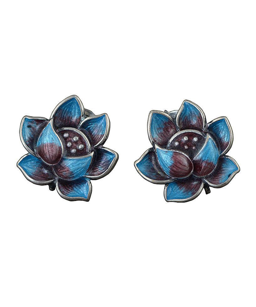 Modern Blue Lotus Sterling Silver Cloisonne Stud Earrings