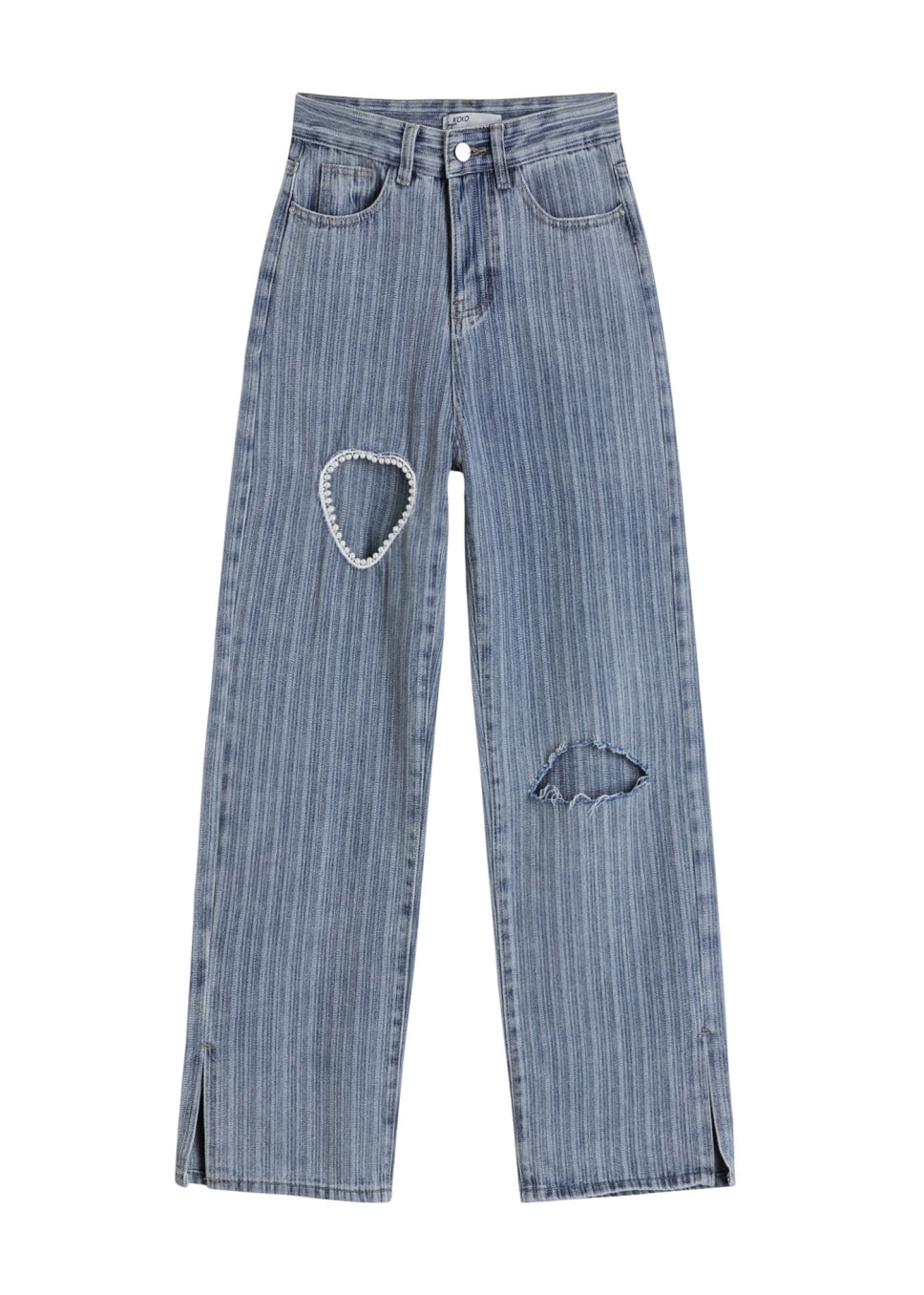 Modern Blue Loving Heart Patchwork Nail Bead Side Open Pockets Button High Waist Pants Summer
