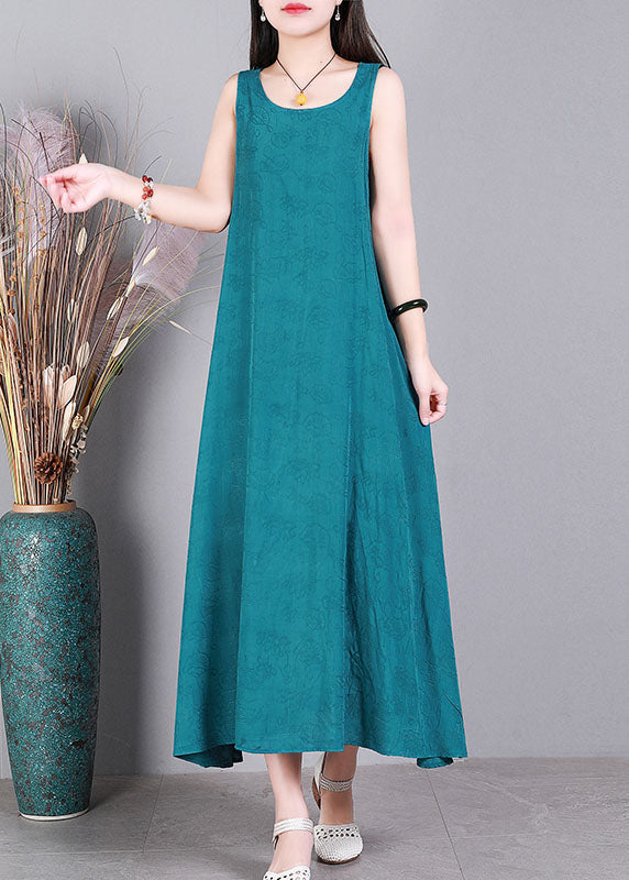 Modern Blue O-Neck Jacquard Linen Party Strap Dress Sleeveless