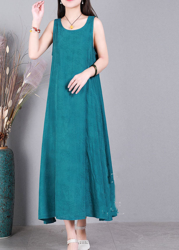 Modern Blue O-Neck Jacquard Linen Party Strap Dress Sleeveless