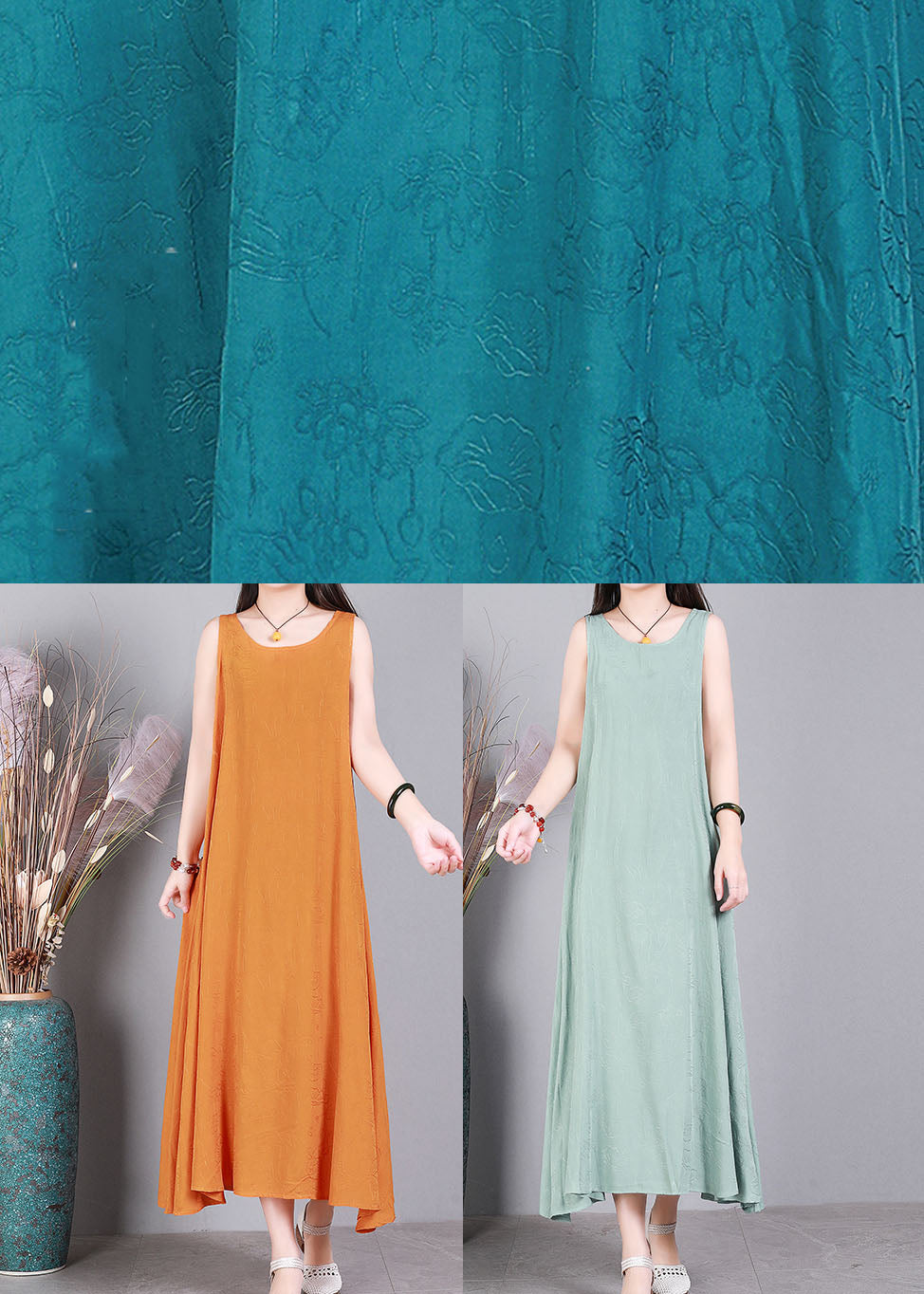 Modern Blue O-Neck Jacquard Linen Party Strap Dress Sleeveless