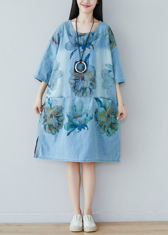 Modern Blue O Neck Print Cotton Dresses Summer