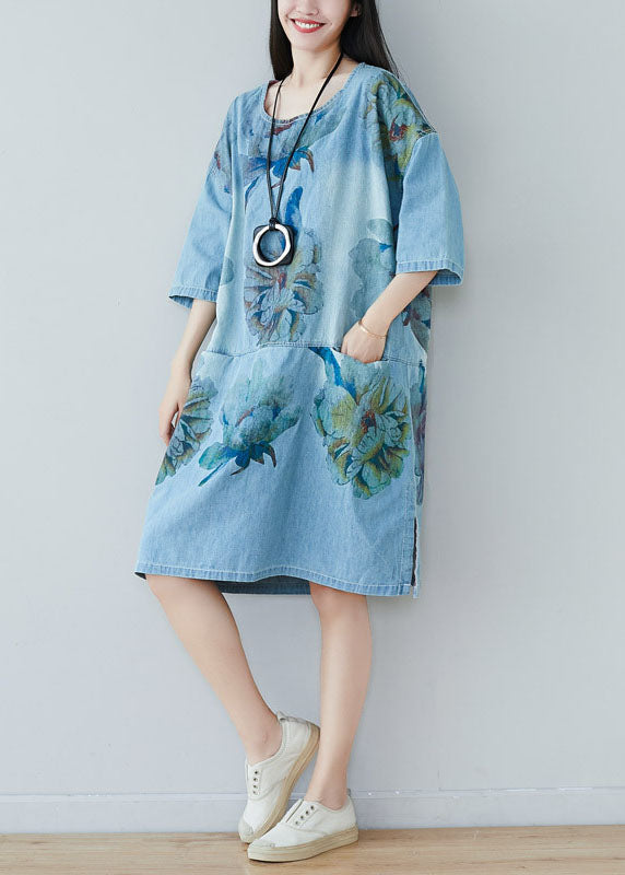 Modern Blue O Neck Print Cotton Dresses Summer