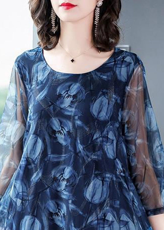 Modern Blue O-Neck Print Tulle Long Dresses Summer