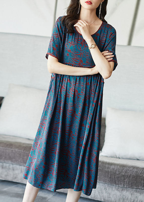 Modern Blue O Neck Wrinkled Patchwork Print Silk Dresses Summer