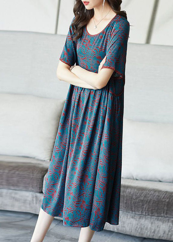 Modern Blue O Neck Wrinkled Patchwork Print Silk Dresses Summer