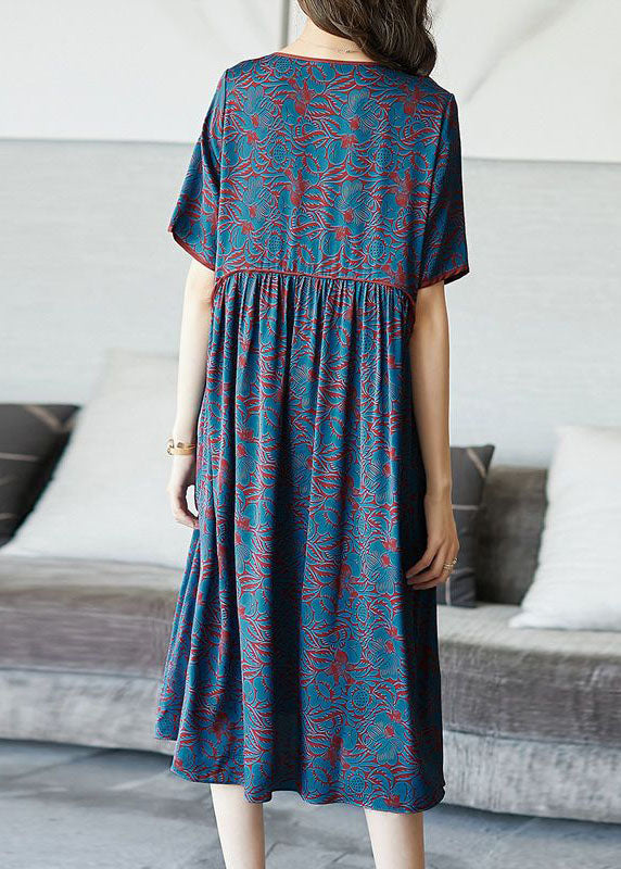Modern Blue O Neck Wrinkled Patchwork Print Silk Dresses Summer