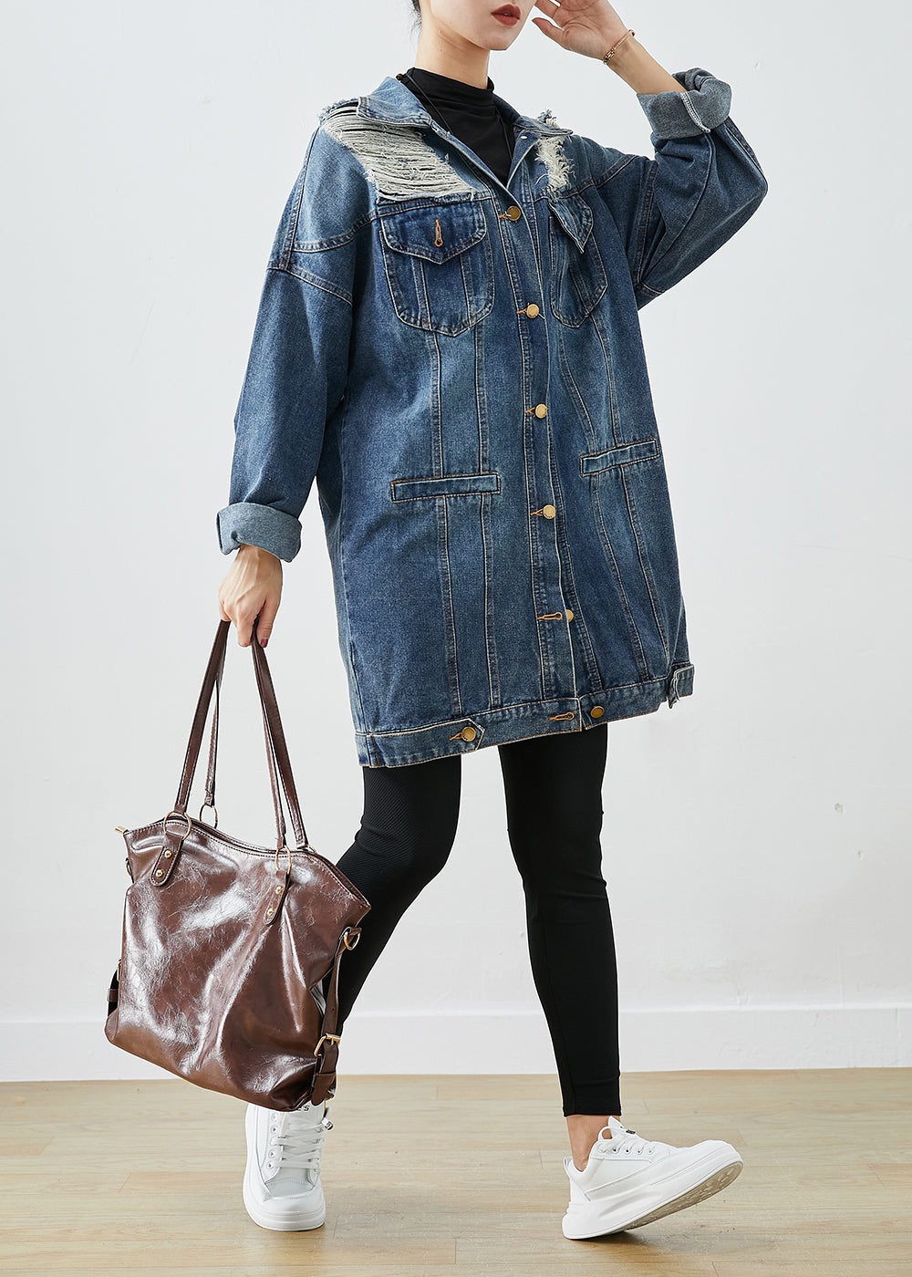 Modern Blue Oversized Denim Ripped Coat Outwear Fall