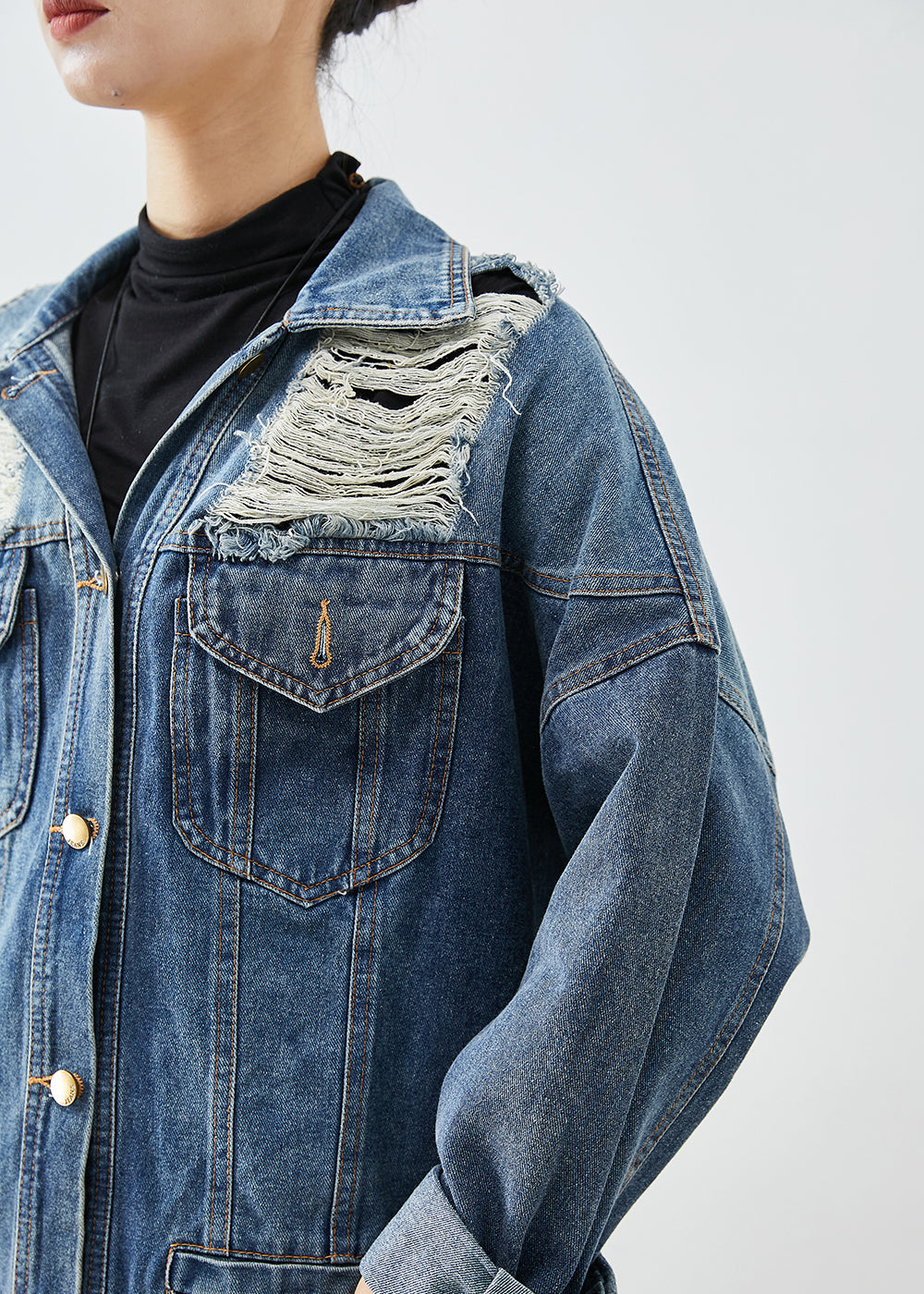 Modern Blue Oversized Denim Ripped Coat Outwear Fall