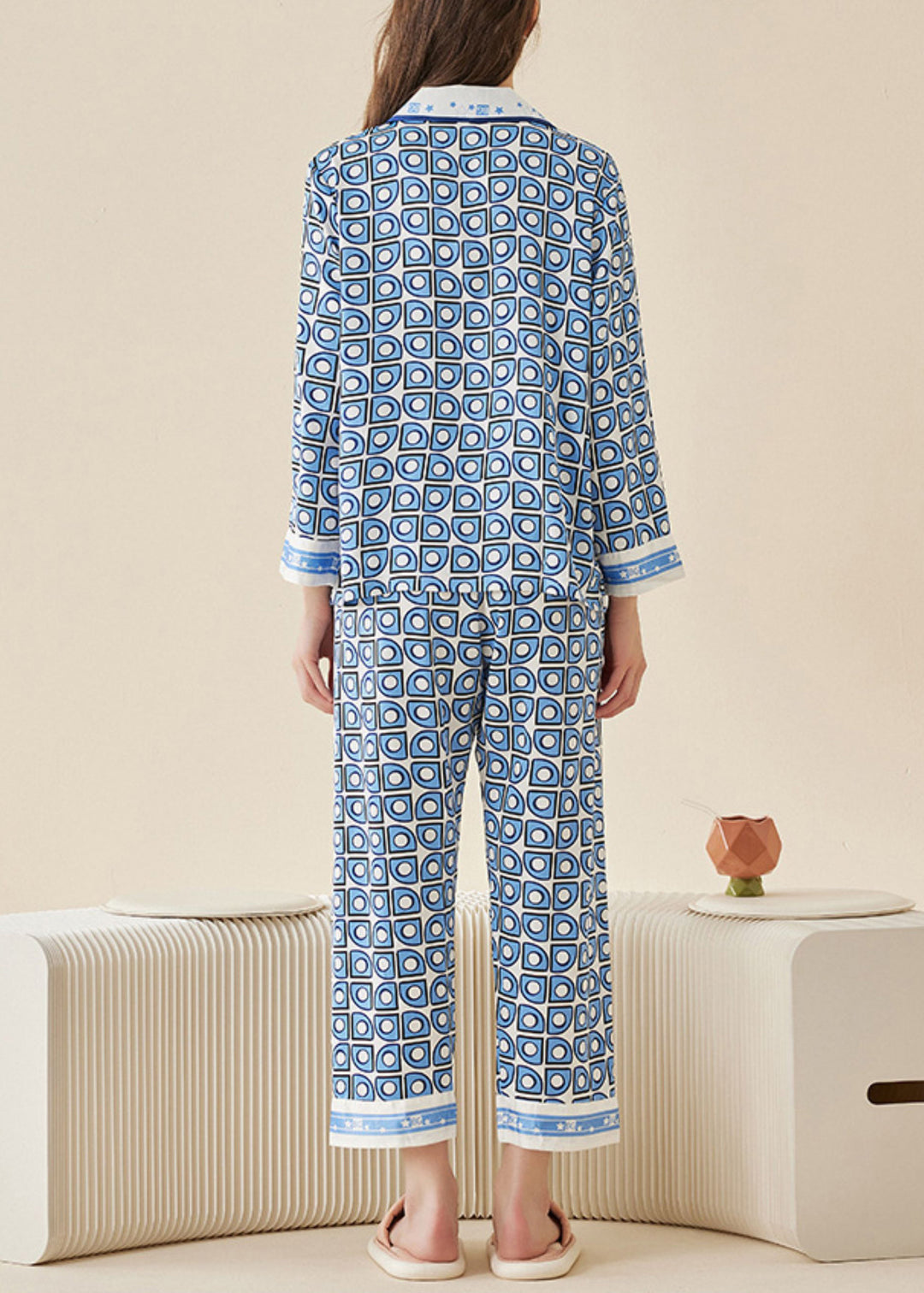 Modern Blue Peter Pan Collar Print Button Ice Silk Pajamas Two Pieces Set Long Sleeve