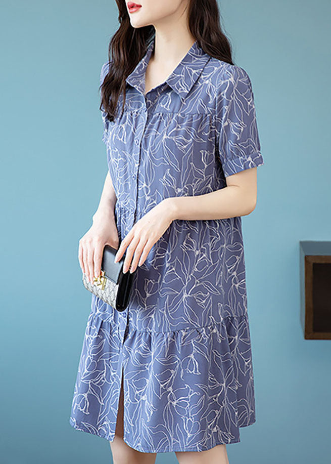 Modern Blue Peter Pan Collar Print Patchwork Chiffon Shirts Mid Dress Summer