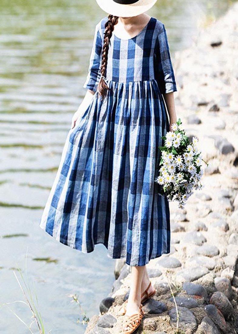 Modern Blue Plaid asymmetrical design Holiday Summer Linen Dress - Omychic