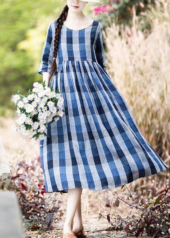 Modern Blue Plaid asymmetrical design Holiday Summer Linen Dress - Omychic