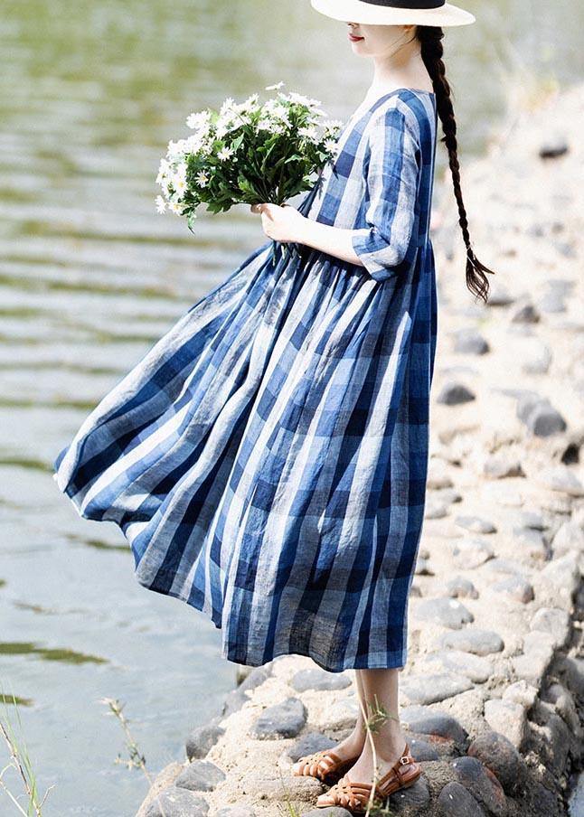 Modern Blue Plaid asymmetrical design Holiday Summer Linen Dress - Omychic