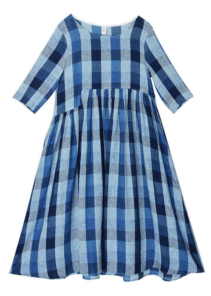 Modern Blue Plaid asymmetrical design Holiday Summer Linen Dress - Omychic