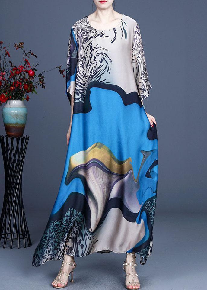 Modern Blue Print asymmetrical design Casual Summer Silk Long Dress - Omychic