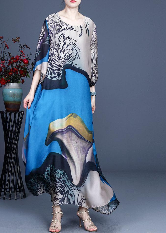 Modern Blue Print asymmetrical design Casual Summer Silk Long Dress - Omychic