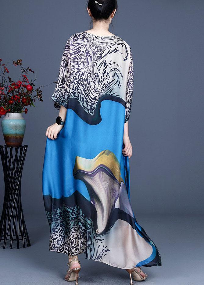 Modern Blue Print asymmetrical design Casual Summer Silk Long Dress - Omychic