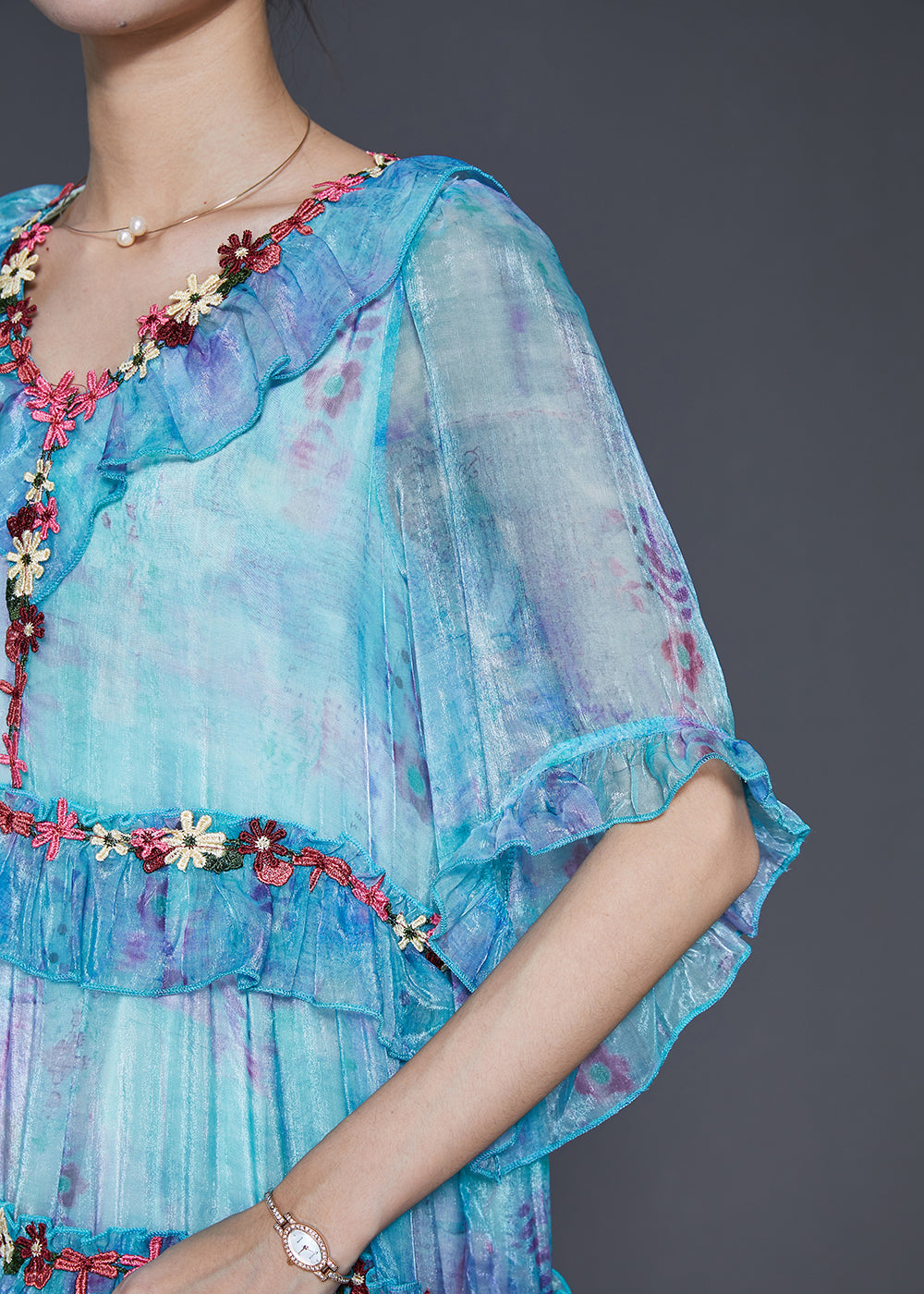 Modern Blue Ruffled Floral Chiffon Robe Dresses Spring