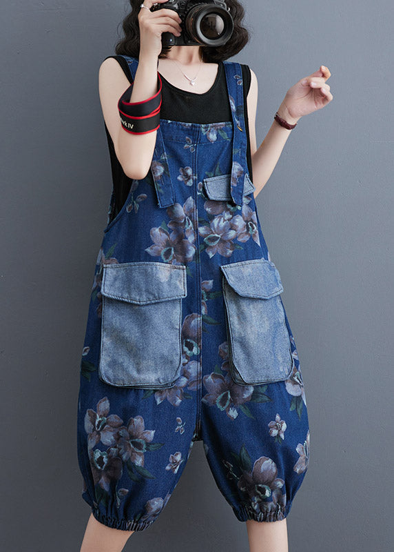 Modern Blue Slash Neck Print Patchwork Button Jumpsuits Summer