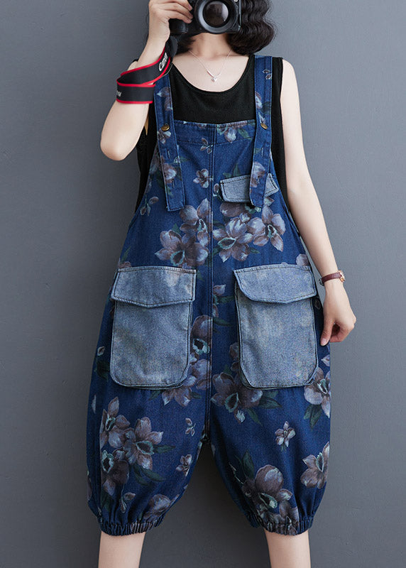 Modern Blue Slash Neck Print Patchwork Button Jumpsuits Summer