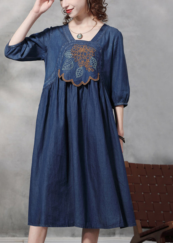 Modern Blue Square Collar Embroideried Cotton Denim Dresses Half Sleeve