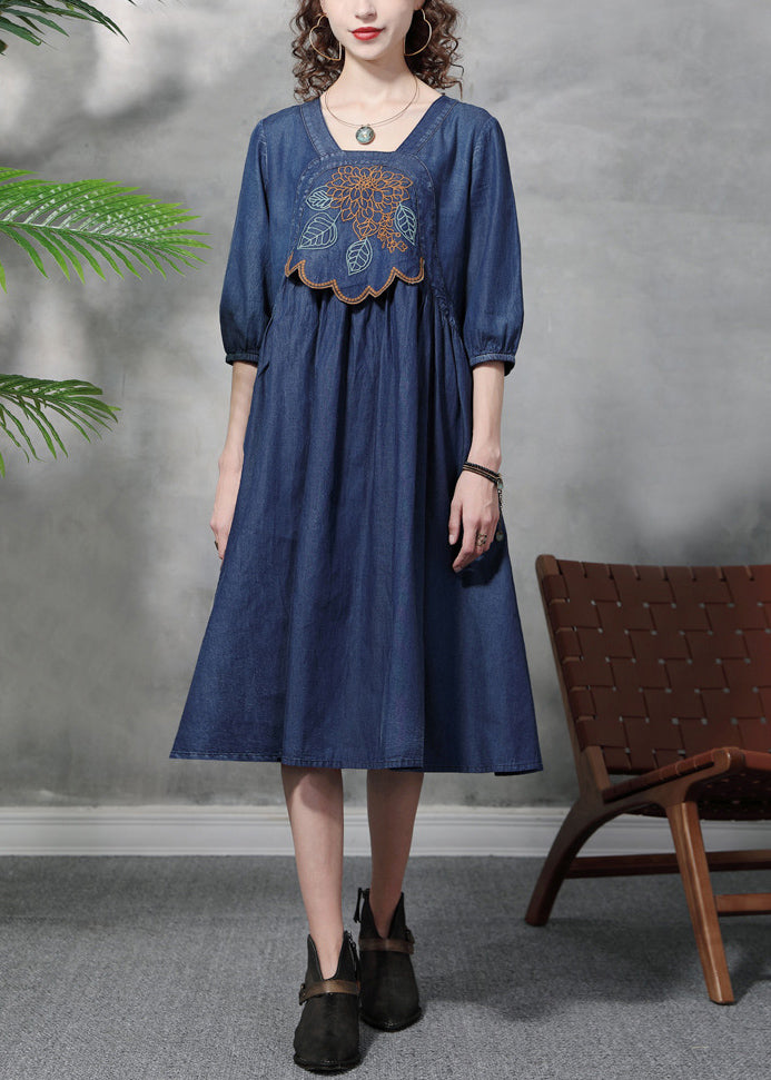 Modern Blue Square Collar Embroideried Cotton Denim Dresses Half Sleeve