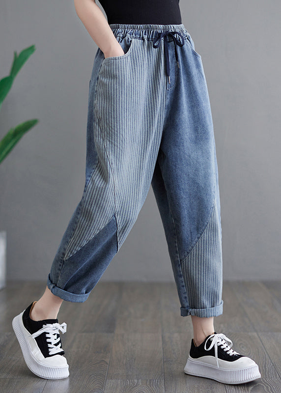 Modern Blue Striped Pockets Elastic Waist Denim Crop Pants Spring