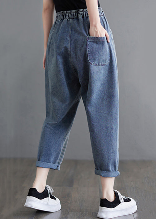 Modern Blue Striped Pockets Elastic Waist Denim Crop Pants Spring