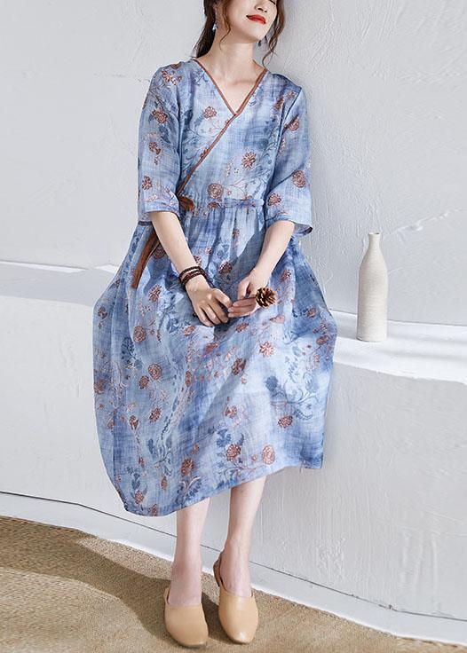 Modern Blue Tie Waist Patchwork Print Summer Ramie Dress Half Sleeve - Omychic