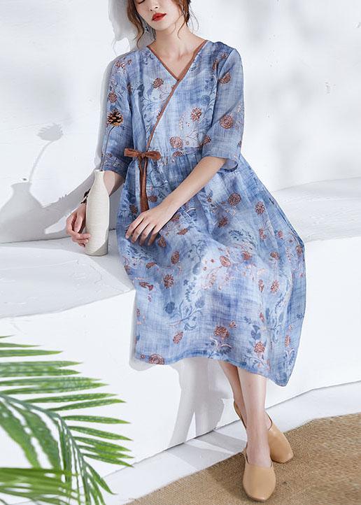 Modern Blue Tie Waist Patchwork Print Summer Ramie Dress Half Sleeve - Omychic